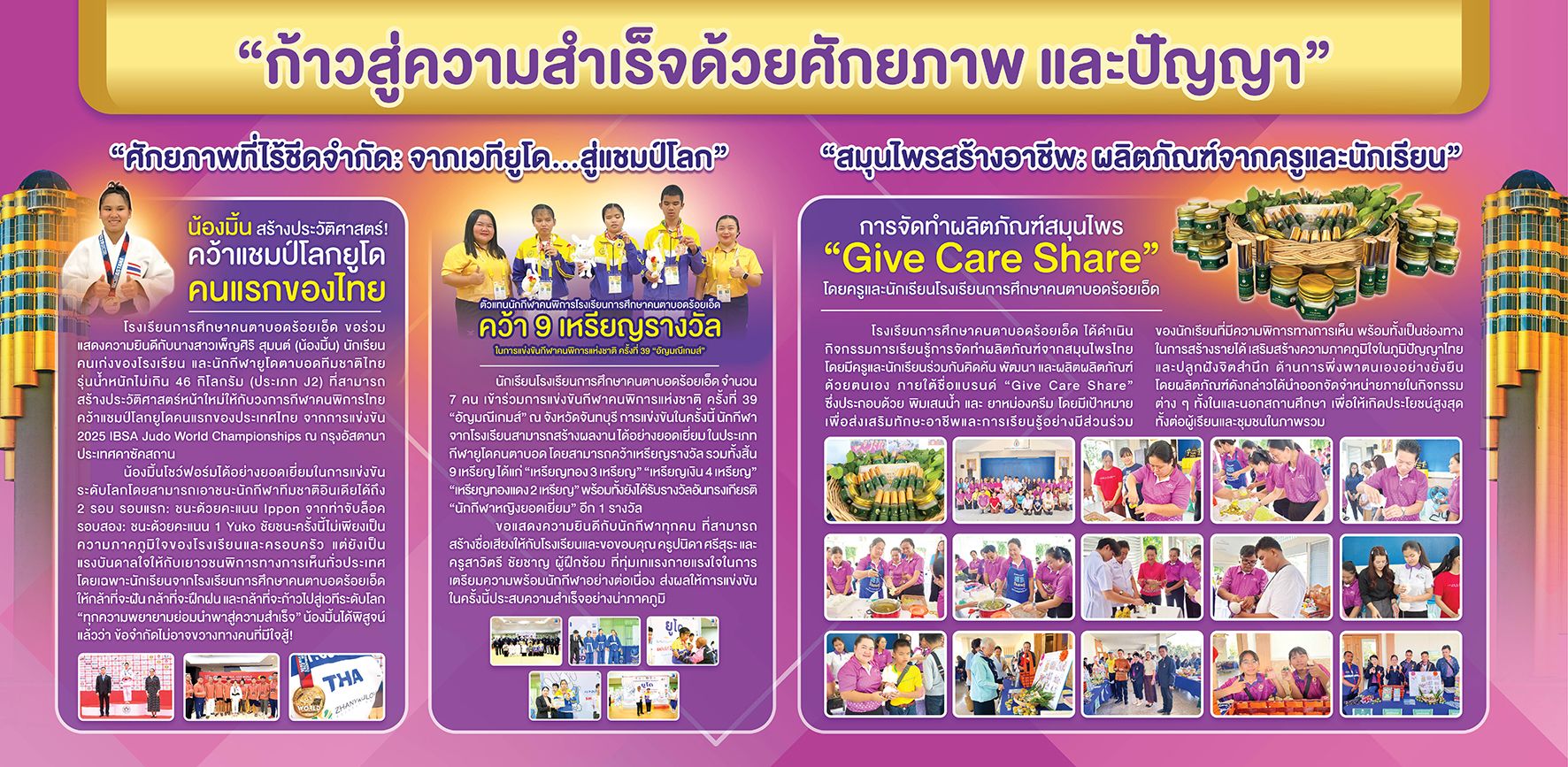 ก้าวสู่ความสำเร็จด้วยศักยภาพและปัญญา ประกอบด้วย  1. ภาพผลิตภัณฑ์ โดยครูและนักเรียน  2. นักเรียนได้เป็นแชมป์โลกยูโดคนแรกของไทย